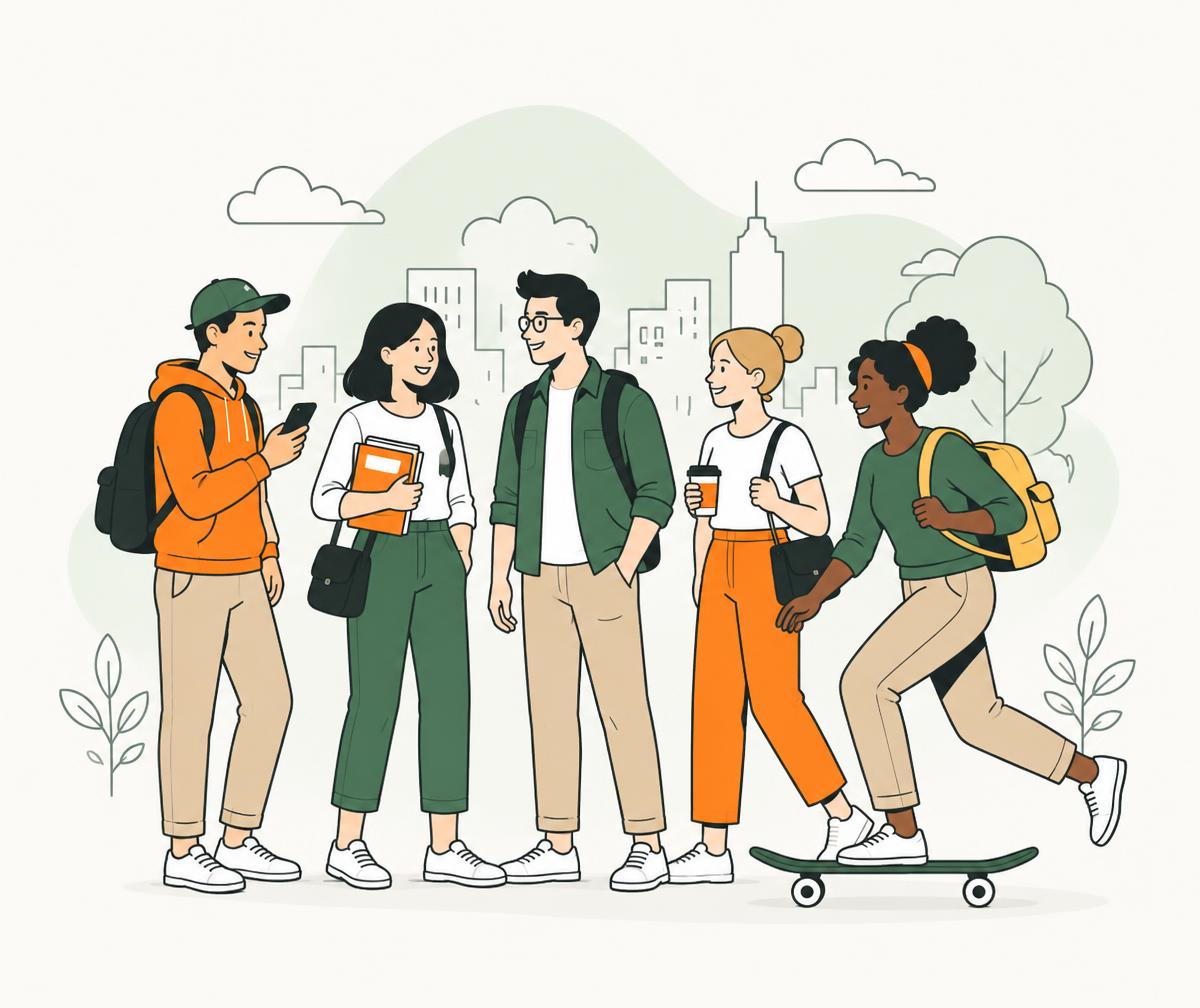 Ilustrație cu cinci oameni din oraș — profesioniști și clienți — care stau de vorbă pe stradă.